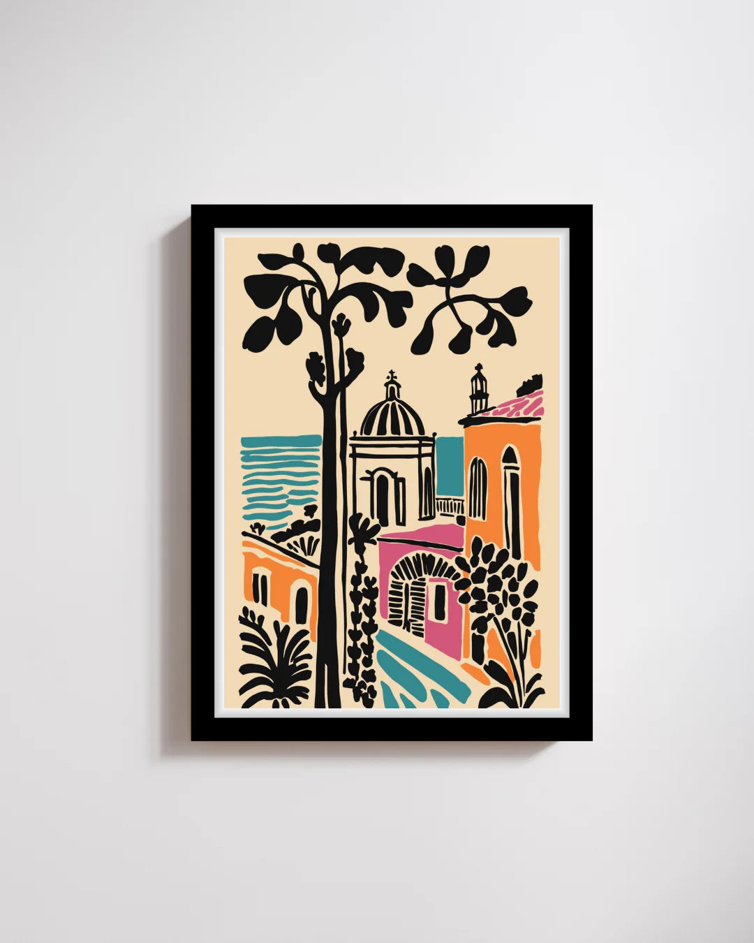 Mediterranean Coastal Town Abstract Wall Art – Vibrant Modern Frame