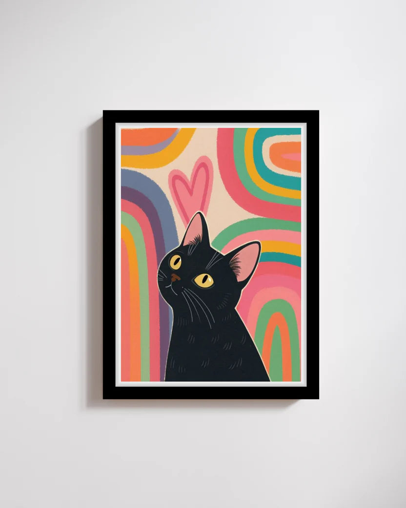 Rainbow Cat Dreamer Wall Art – Whimsical Colorful Modern Frame
